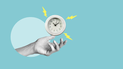 The hand is holding alarm clock on a blue background. Deadline extended