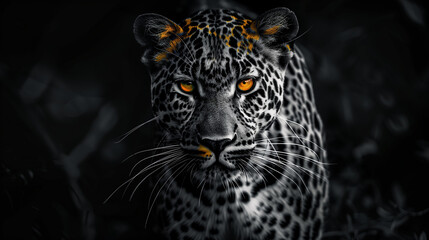 Obraz premium Close-up of a leopard's face with piercing orange eyes against a dark background, creating a dramatic and intense visual effect