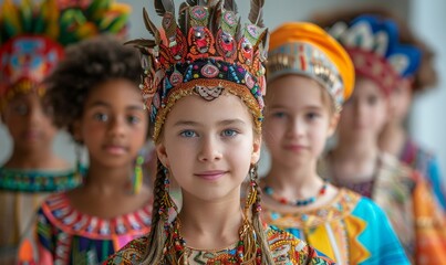 Children from different cultures participating in a school play