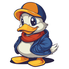 Fototapeta premium cartoon illustration Smiling duck wearing blue jacket, orange cap, and red scarf, generative ai