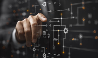 Fototapeta premium Visualisierung mit Finger und Symbole - Linien und Zahnräder