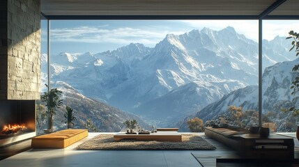 Modern luxury spacious penthouse living room interior design and large glass window with mountain view