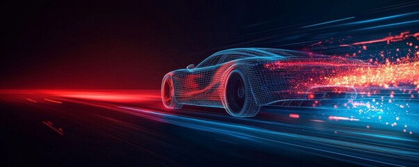Futuristic wireframe car speeding in a digital environment with fiery trails
