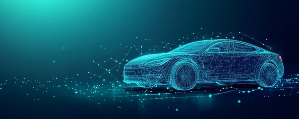 Wireframe illustration of a futuristic car with digital design elements
