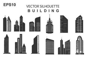 Vector collection of city icons silhouettes of iconic buildings in black and white minimalist design. Each icon depicts city elements such as skyscrapers, bridges, and towers with sharp, detailed line