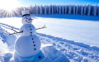 Obraz premium Snowman on the background of a winter landscape