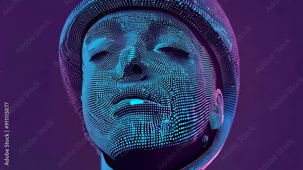 Aufkleber animation of abstract digital head made from neon dots and particles in cyberspace. astronaut in hel