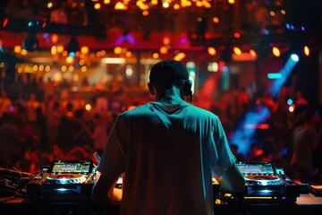 Obraz premium dj performing in a vibrant nightclub surrounded by stateoftheart equipment colorful lights and excited crowd create an electrifying atmosphere of music and dance