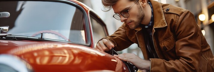 A vintage scene of a man engaging in restoration or repair work on a classic red car, capturing the essence and passion for retro automobiles.