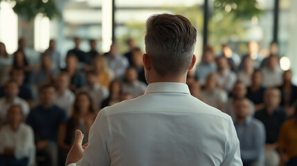 Fototapeta premium Engaging Speaker Addressing Enthusiastic Audience in Modern Conference Space During Midday Event