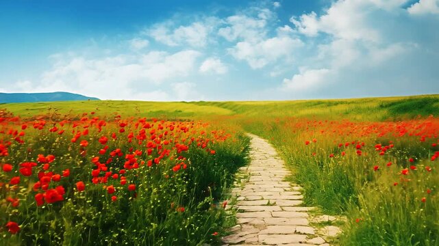 Yellow brick road through green meadows with red poppy flowers, fantasy summer background. 