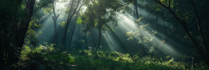 Obraz premium A tranquil forest path illuminated by sunlight filtering through the trees, showcasing lush green grass, leaves and natural beauty.