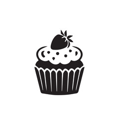 Black cupcake with fruit Icon, muffin logo. Vector illustration isolated on white background. Can be used as icon, sign or symbol - cupcake silhouette.