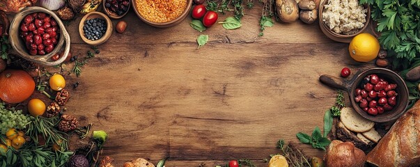 top view of traditional and healthy food with nature background and empty space for text 