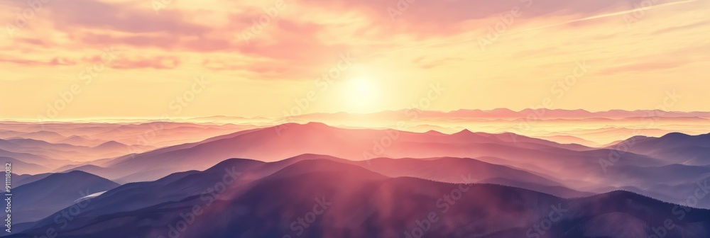 Poster dreamy dawn light spreading over layers of mountains, casting a hazy effect and showcasing the tranq