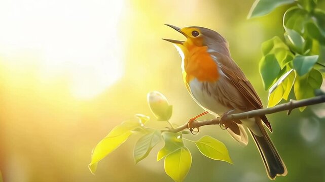 European robin bird Erithacus rubecula singing
