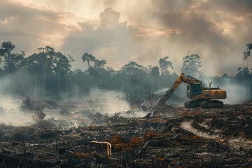 dramatic scene of deforestation heavy machinery felling ancient trees stark contrast between lush forest and barren cleared land smoky atmosphere urgent tone