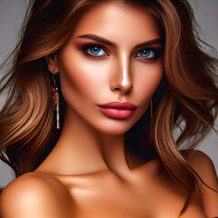 Fototapeta premium Young beautiful model with long wavy brown hair, Beautiful Woman, Brunette, Blue Eyes