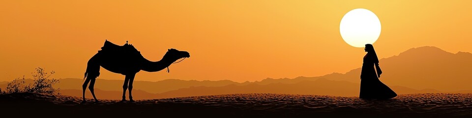 a woman with a camel in the desert. Selective focus