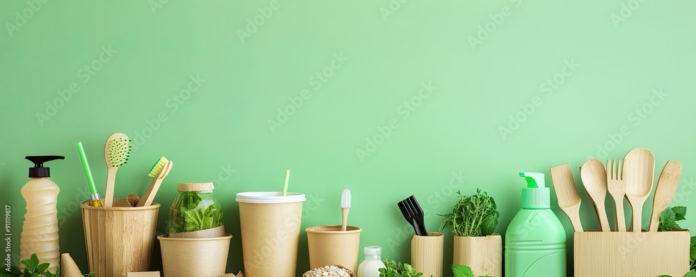 Poster set of different wooden reusable eco friendly products with blank space for text isolated on light g