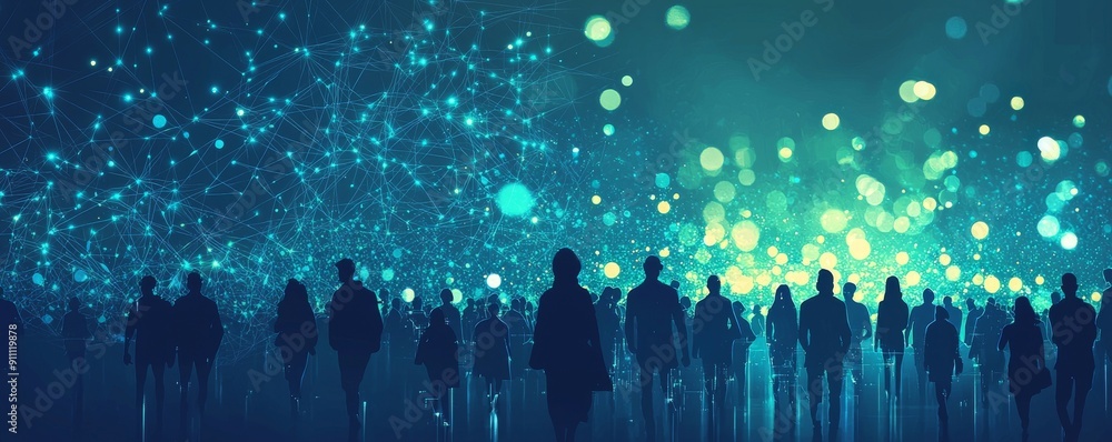 Poster digital wireframe illustration of a community gathering with a glowing network background