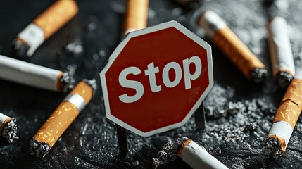cigarettes stop sign top view. Selective focus