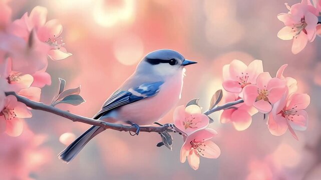 Blue titmouse bird on cherry blossom branch in sunny day. The illustration may differ from the real bird