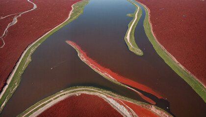 Aerial view of contrasting rivers, showcasing vibrant red and green waters, ideal for nature-related projects, environmental themes, and travel promotions.