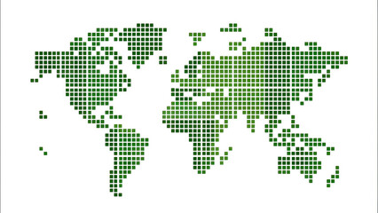 A green illustration of the world map showing all continents and countries, highlighting global geography with green squares