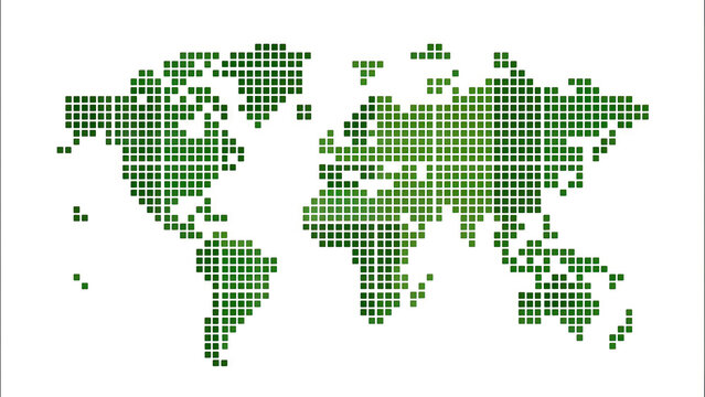A green illustration of the world map showing all continents and countries, highlighting global geography with green squares