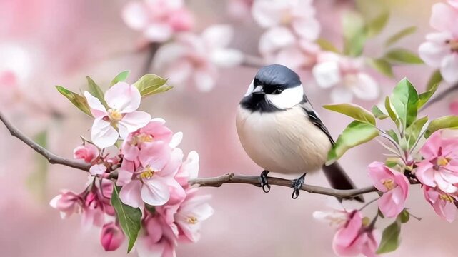Blue titmouse bird on cherry blossom branch in sunny day. The illustration may differ from the real bird