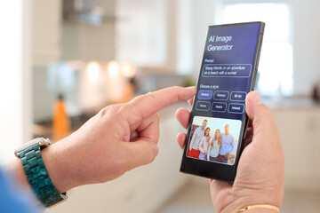 Person Interacting With AI Image Generator Application on Smartphone in Modern Kitchen Setting