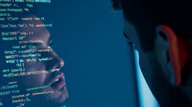 Man at computer in dark room, glowing screen with technological interface.