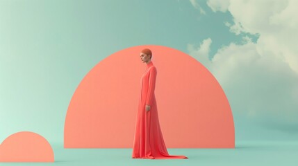Woman is posing in a minimalist studio with a red circle and blue sky background, providing a perfect backdrop for showcasing fashion and style