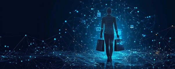 Digital wireframe customer carrying shopping bags in a virtual network