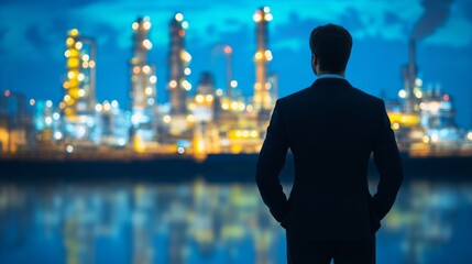 A Silhouette of a Man Against the Glowing Lights of a Refinery