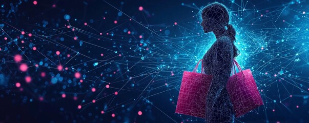 Digital wireframe silhouette of a customer with shopping bags in a futuristic network environment