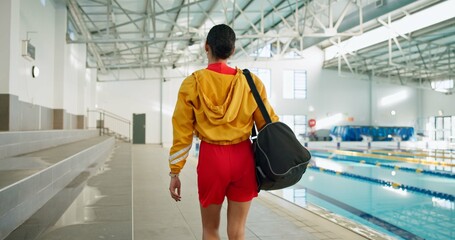 Swimming pool, back or woman at gym for exercise with bag for water sport, hydro fitness or walk....