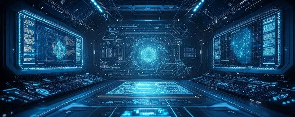 Futuristic control room with digital screens and holographic interface in cyber warfare setting