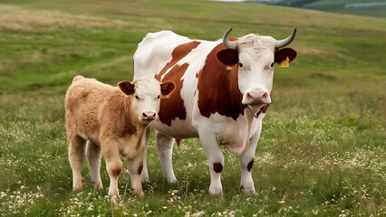 Charming Mother Cow and Calf in Beautiful Green Pasture Landscape