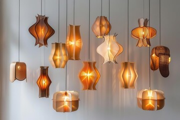 eclectic collection of illuminated lamps from ornate chandeliers to minimalist pendants varied shapes and materials create captivating interplay of light and shadow