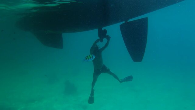A man cleans a yacht's propeller underwater, a man cleans the bottom of a yacht from shells