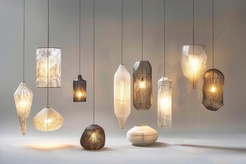 eclectic collection of illuminated lamps from ornate chandeliers to minimalist pendants varied shapes and materials create captivating interplay of light and shadow