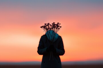 A silhouette of a person holding a bouquet of flowers against a stunning sunset, creating a serene and peaceful atmosphere.