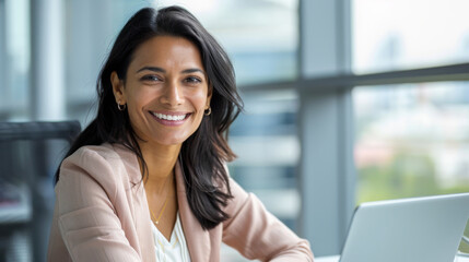 Fototapeta premium A smiling young Indian woman working in a corporate office