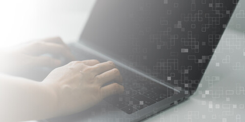 Hands Typing on Laptop with Digital Overlay of Abstract Squares. Modern Technology and Innovation, Ideal for Business and IT Projects, Connectivity and Digital Workflow in a Professional.