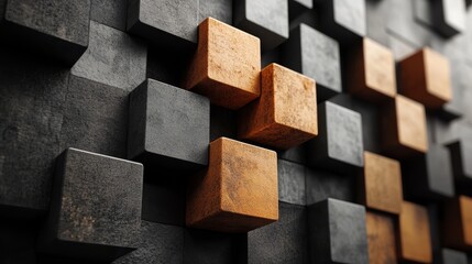 A wall made of black and brown cubes with a brown square in the middle