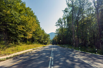 Mountain road on summer sunny morning.