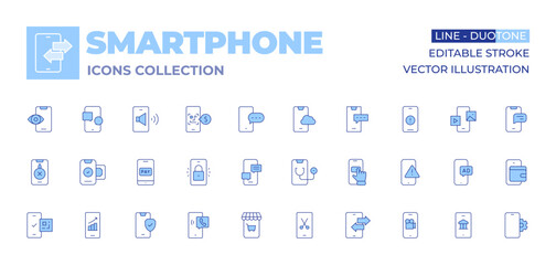 Smartphone icons collection. Line Duotone style, editable stroke. mobile store, mobile, smartphone, repair, phone, pay, mobile payment, lock, doctor, qr code, security