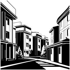 Silhouette of a residential neighborhood with three-story houses, trees, and asphalt. Vector monochrome image of architecture on the street